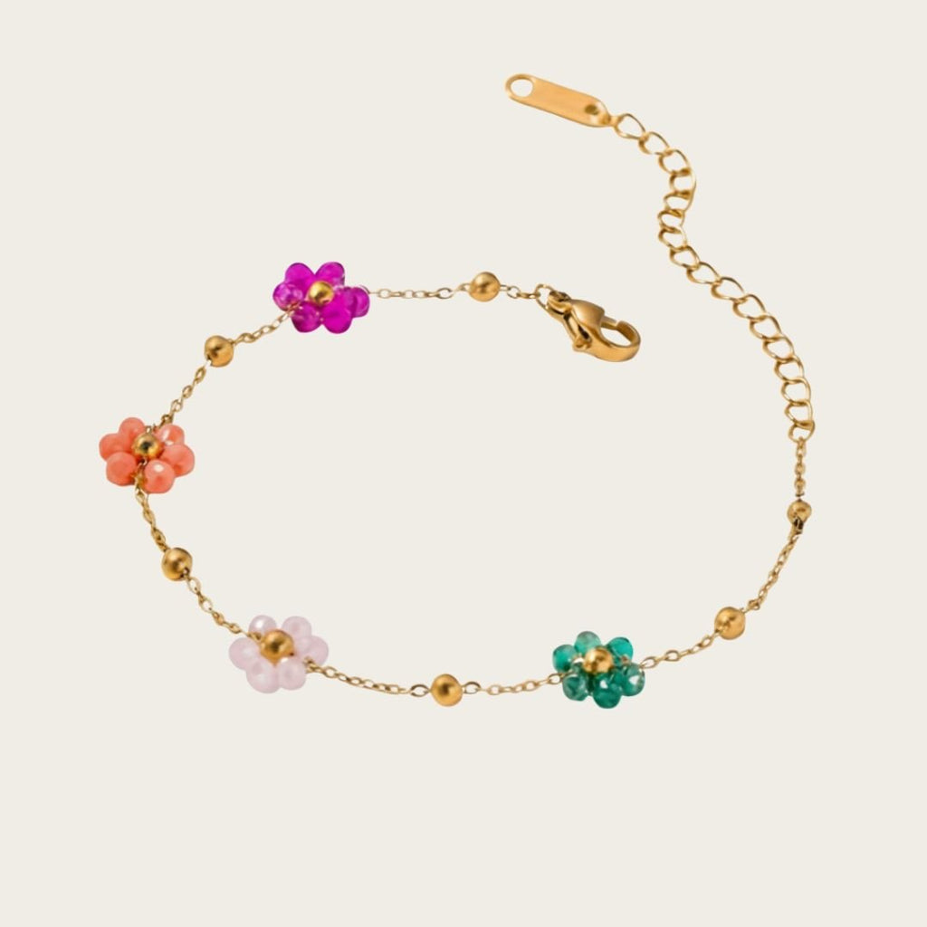 Floral Beaded Bracelet with Gold Coating - Handcrafted Colorful Design