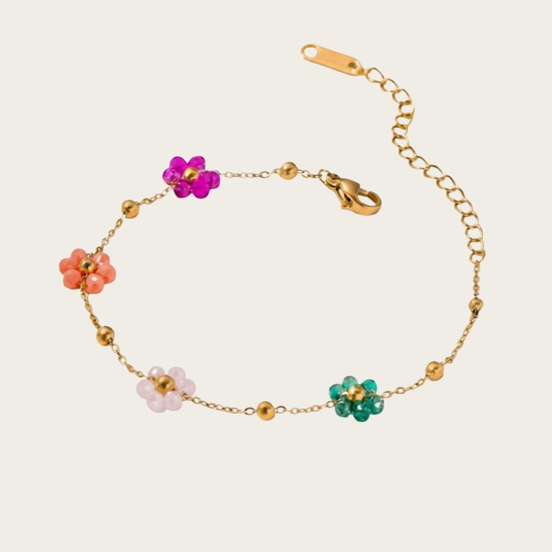 Pulsera Floral con Cuentas y Recubrimiento Dorado - Diseño Colorido Hecho a Mano