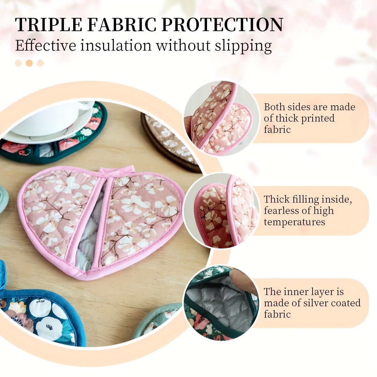 HOMESTYLE – Vintage Floral Heart-Shaped Potholders with Heat Resistance 7