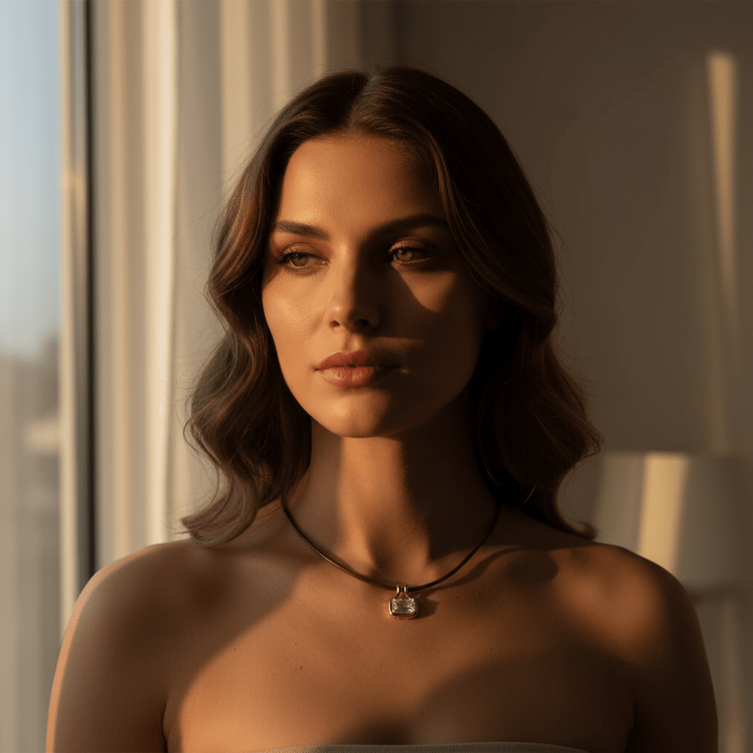 Collar de oro con colgante de gema y cuero