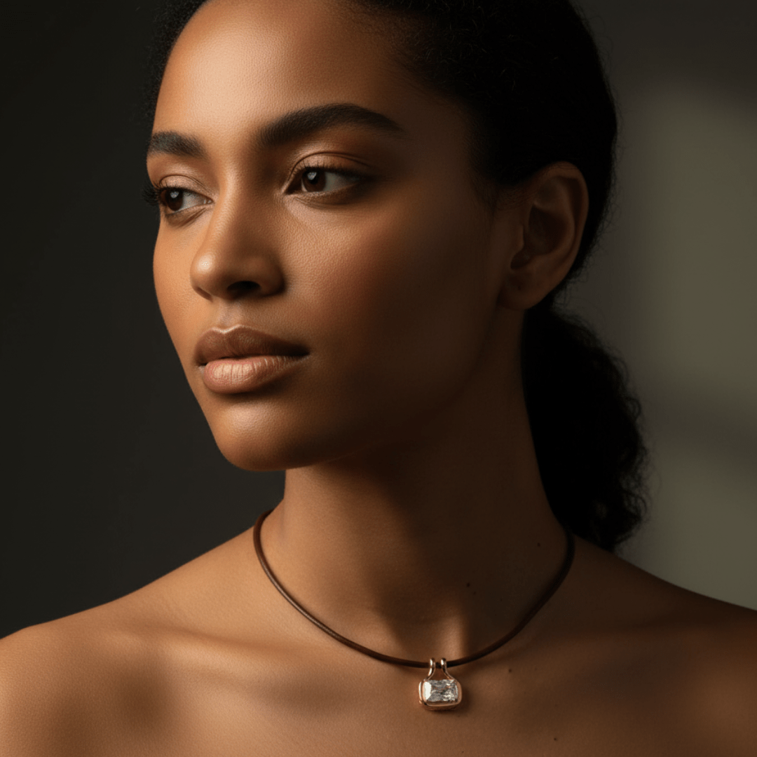 Collar de oro con colgante de gema y cuero