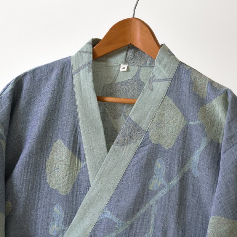 Organic Cotton Kimono Bathrobe - Soft, Breathable Ginkgo Leaf Design Robe 3