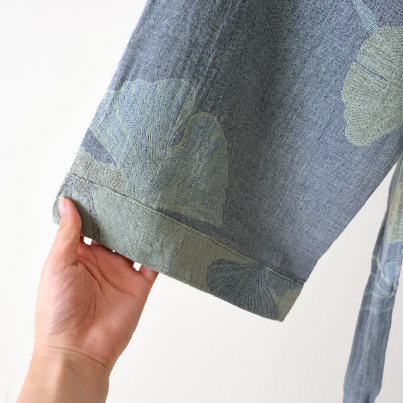 Organic Cotton Kimono Bathrobe - Soft, Breathable Ginkgo Leaf Design Robe 7
