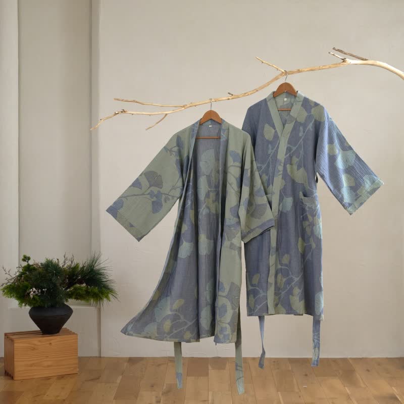 Organic Cotton Kimono Bathrobe - Soft, Breathable Ginkgo Leaf Design Robe 1