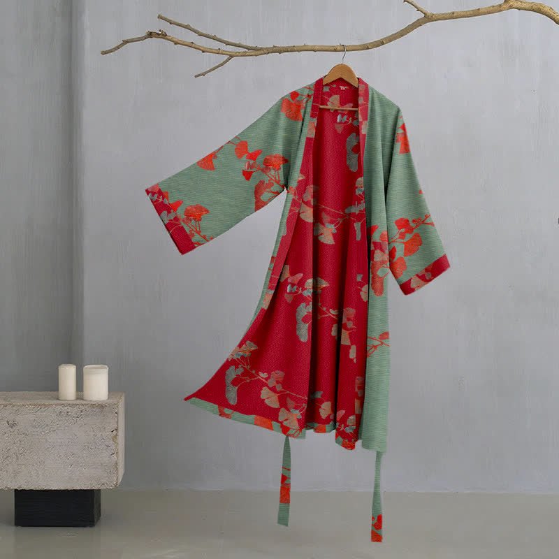 Organic Cotton Kimono Bathrobe - Soft, Breathable Ginkgo Leaf Design Robe 10