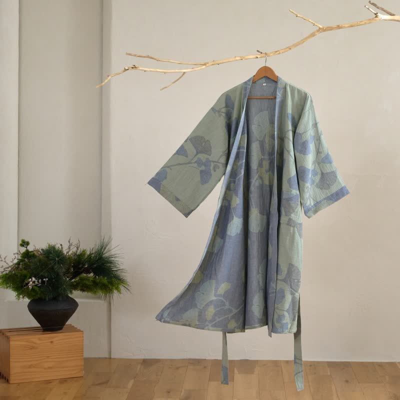 Organic Cotton Kimono Bathrobe - Soft, Breathable Ginkgo Leaf Design Robe 2