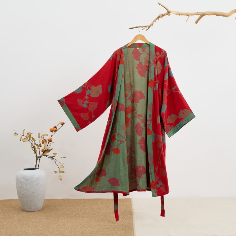 Organic Cotton Kimono Bathrobe - Soft, Breathable Ginkgo Leaf Design Robe 9