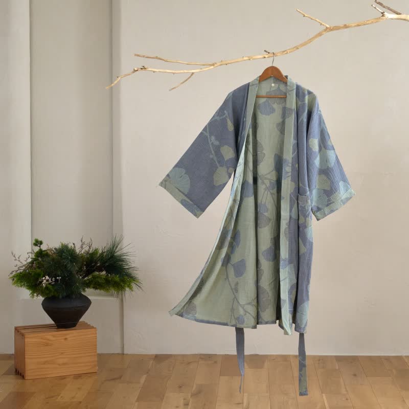 Organic Cotton Kimono Bathrobe - Soft, Breathable Ginkgo Leaf Design Robe 0