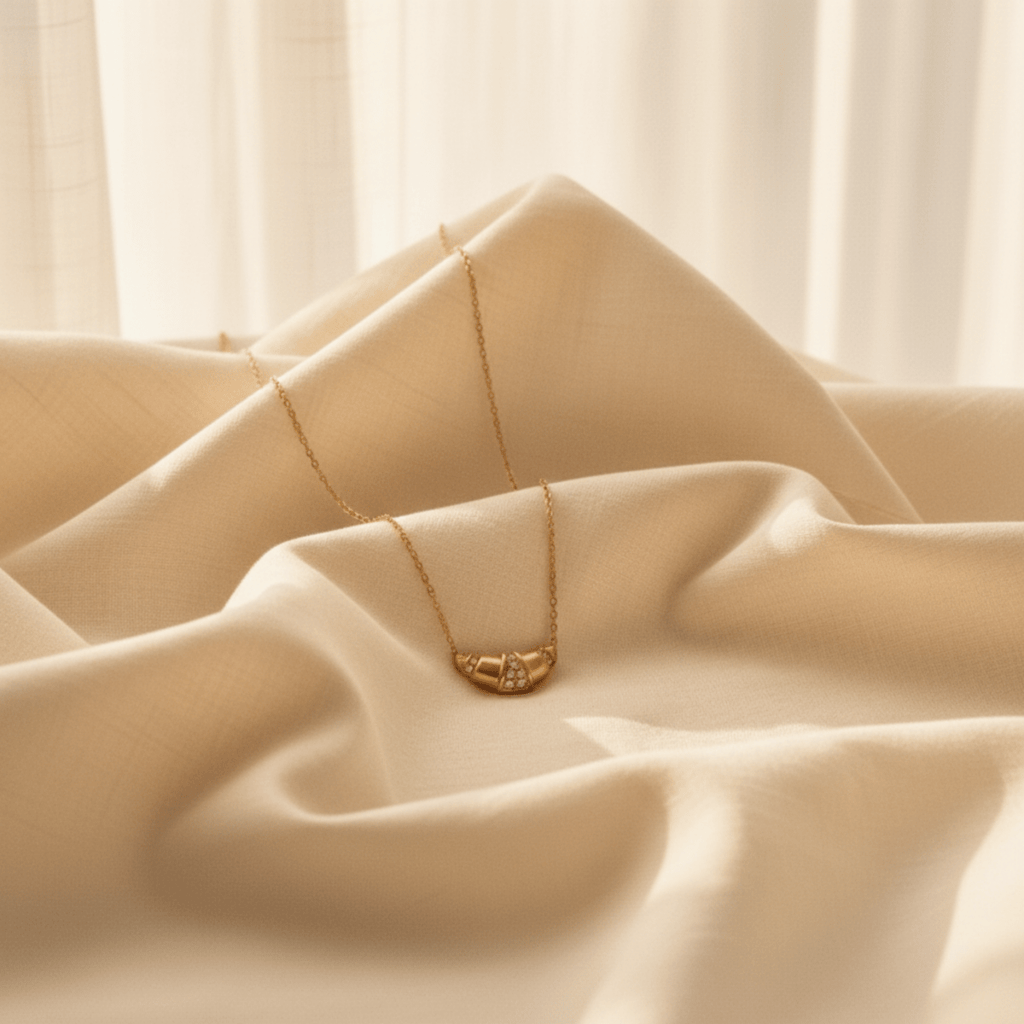 Glitter Croissant Necklace - Adjustable Gold-Colored Stainless Steel Design