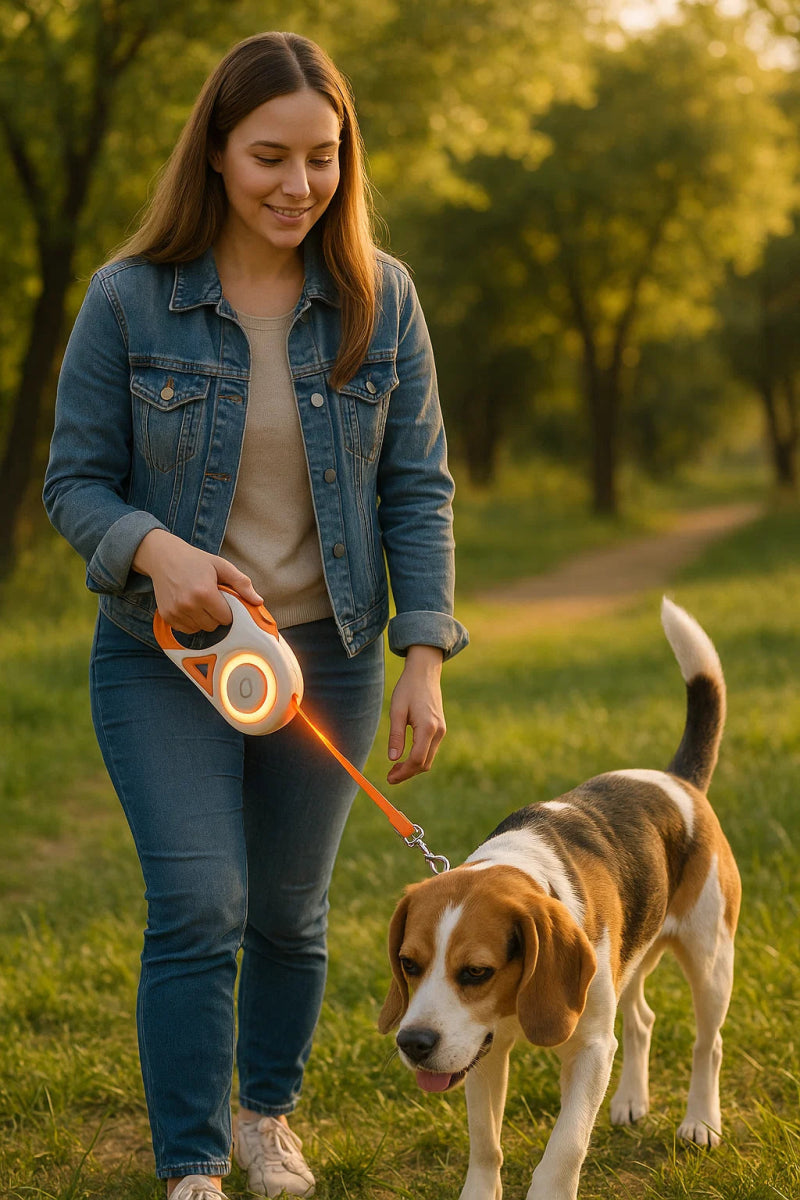 GLOWGUARD – Correa retráctil para perros con luz LED y linterna para paseos nocturnos
