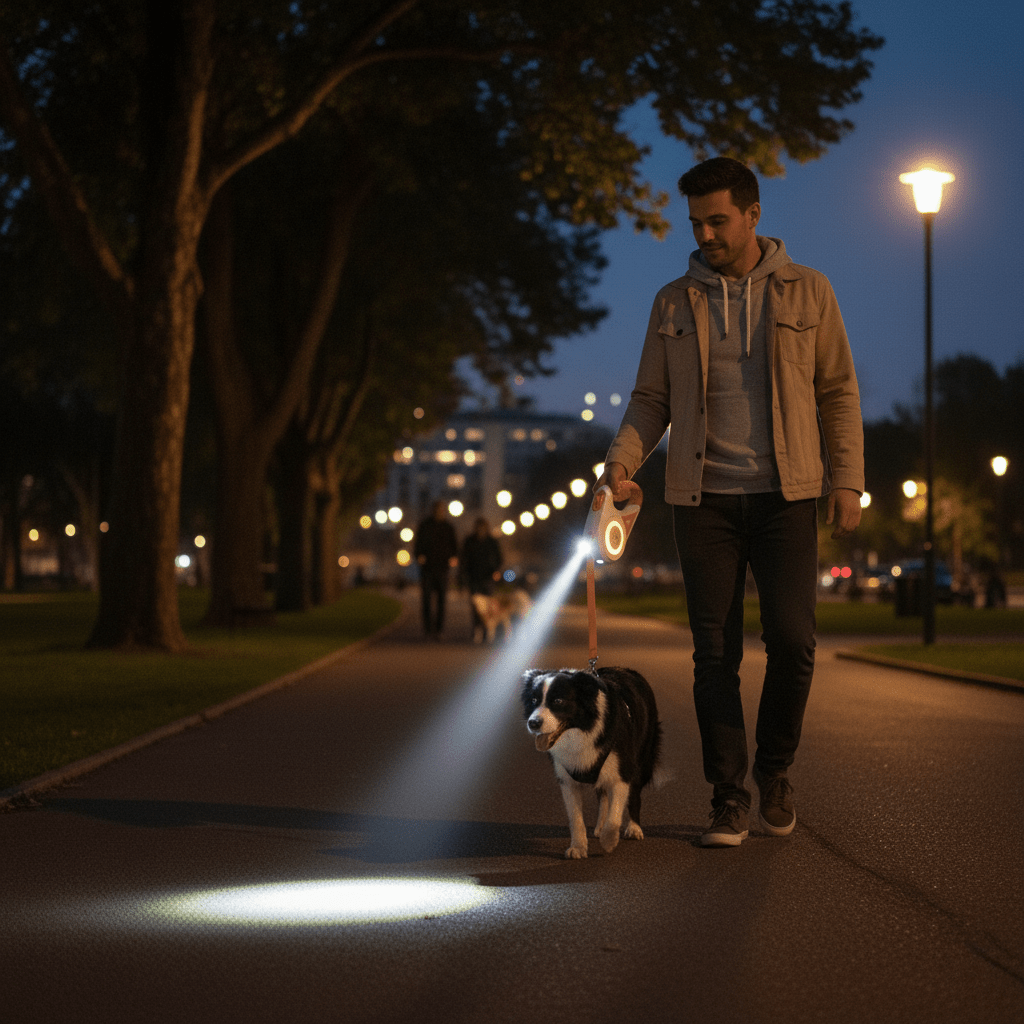 GLOWGUARD – Correa retráctil para perros con luz LED y linterna para paseos nocturnos