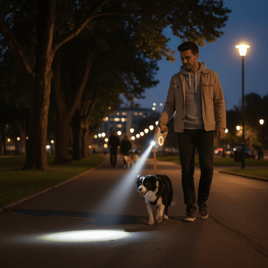 GLOWGUARD – Correa retráctil para perros con luz LED y linterna para paseos nocturnos