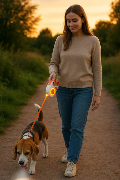 GLOWGUARD – Correa retráctil para perros con luz LED y linterna para paseos nocturnos