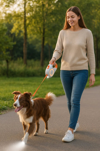 GLOWGUARD – Correa retráctil para perros con luz LED y linterna para paseos nocturnos