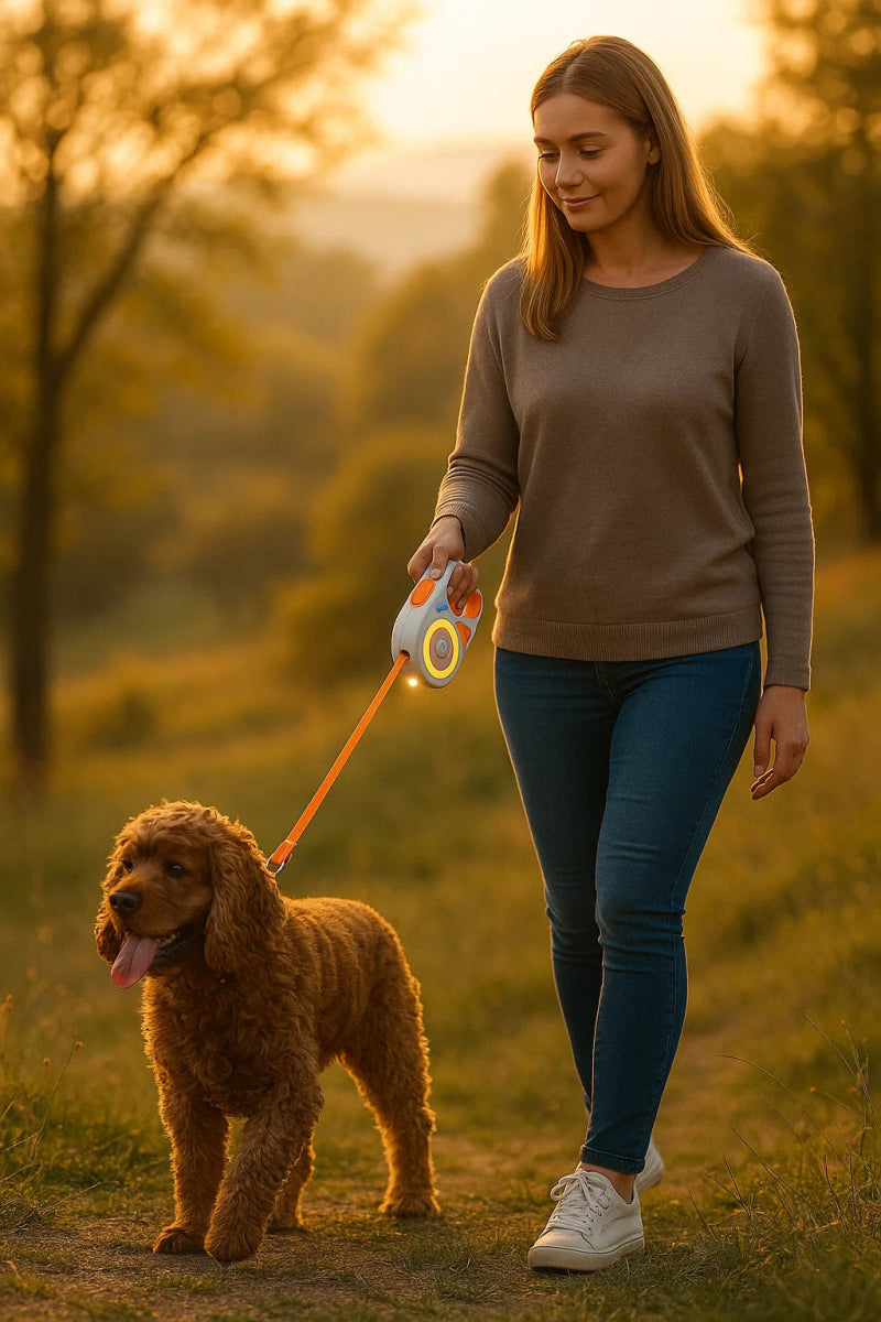 GLOWGUARD – Correa retráctil para perros con luz LED y linterna para paseos nocturnos