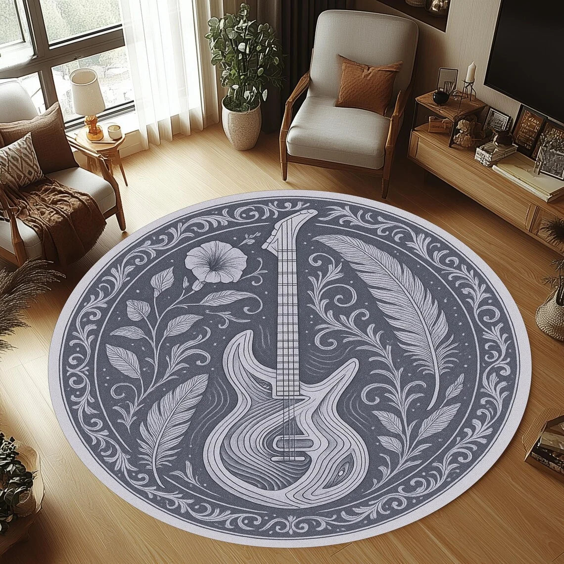MUSICNEST – Cozy Round Flannel Guitar Rug Non-Slip & Machine Washable for Kids' Rooms 8