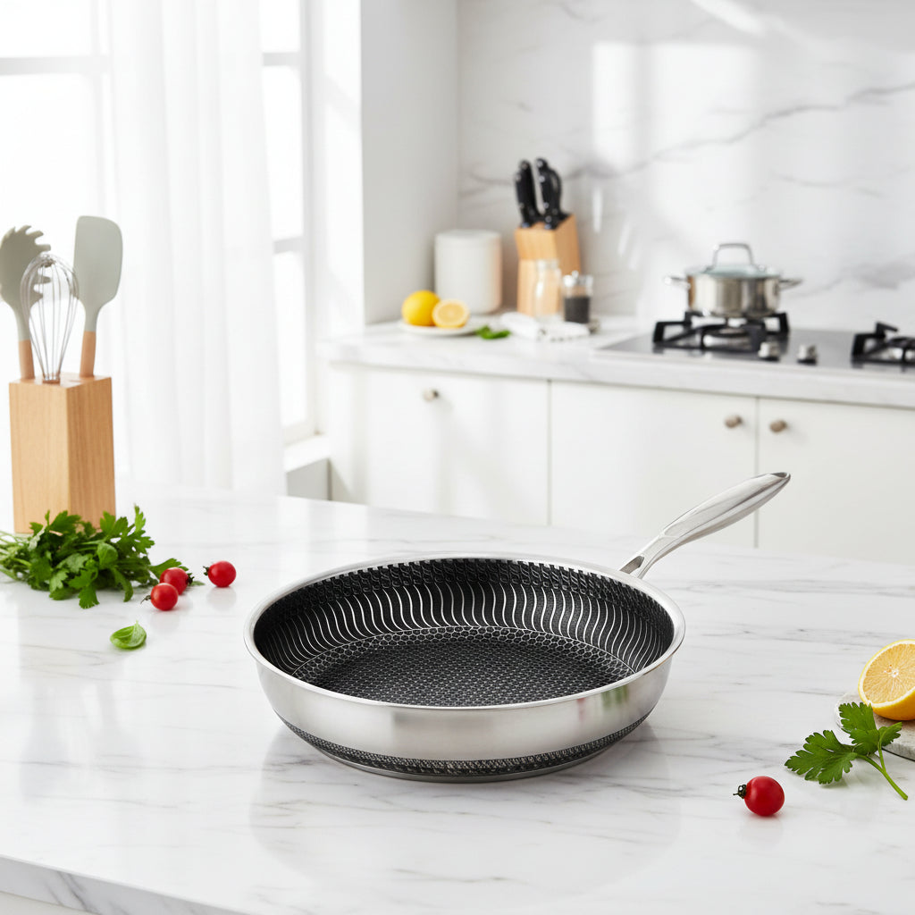 PANFORGE – Ruostumattomasta teräksestä valmistettu tarttumaton paistinpannu, jossa on Hexa-pinta