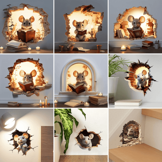 Pegatinas de pared de dibujos animados 3D DecoraMice | Adorables calcomanías de ratón para habitaciones infantiles y decoración del hogar