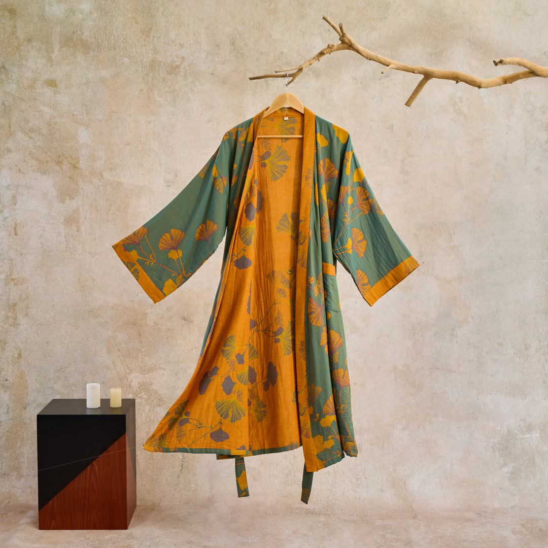 Elegant Cotton Kimono Bathrobe - Reversible Ginkgo Leaf Design for Ultimate Comfort 6
