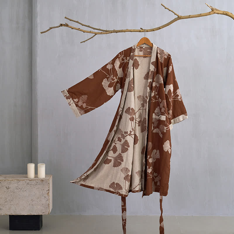 Elegant Cotton Kimono Bathrobe - Reversible Ginkgo Leaf Design for Ultimate Comfort 2