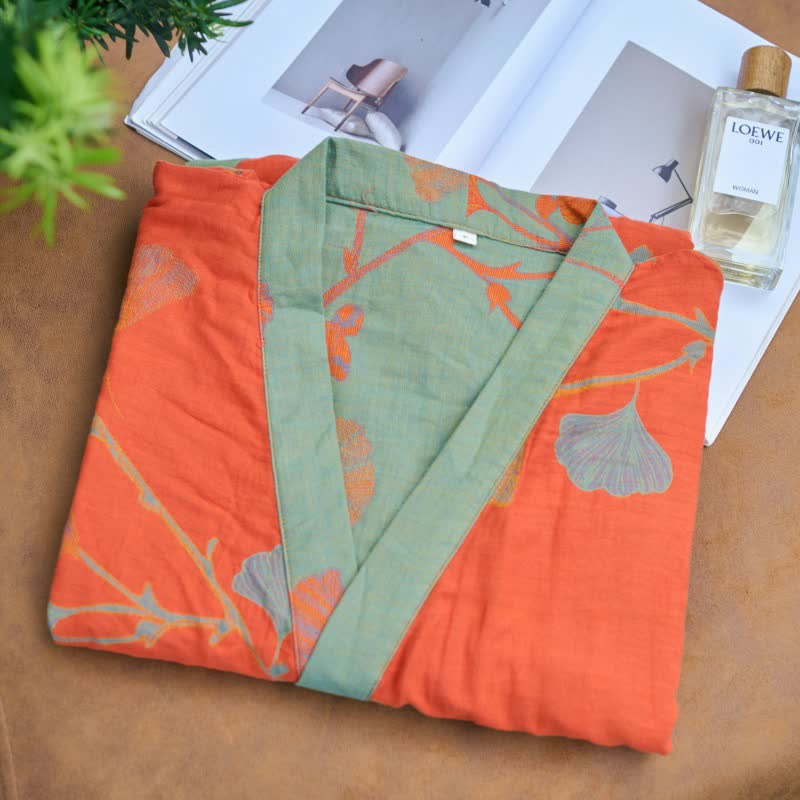 Elegant Cotton Kimono Bathrobe - Reversible Ginkgo Leaf Design for Ultimate Comfort 1