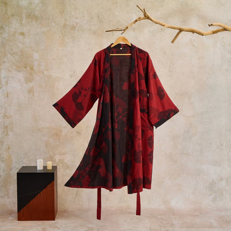 Elegant Cotton Kimono Bathrobe - Reversible Ginkgo Leaf Design for Ultimate Comfort 12