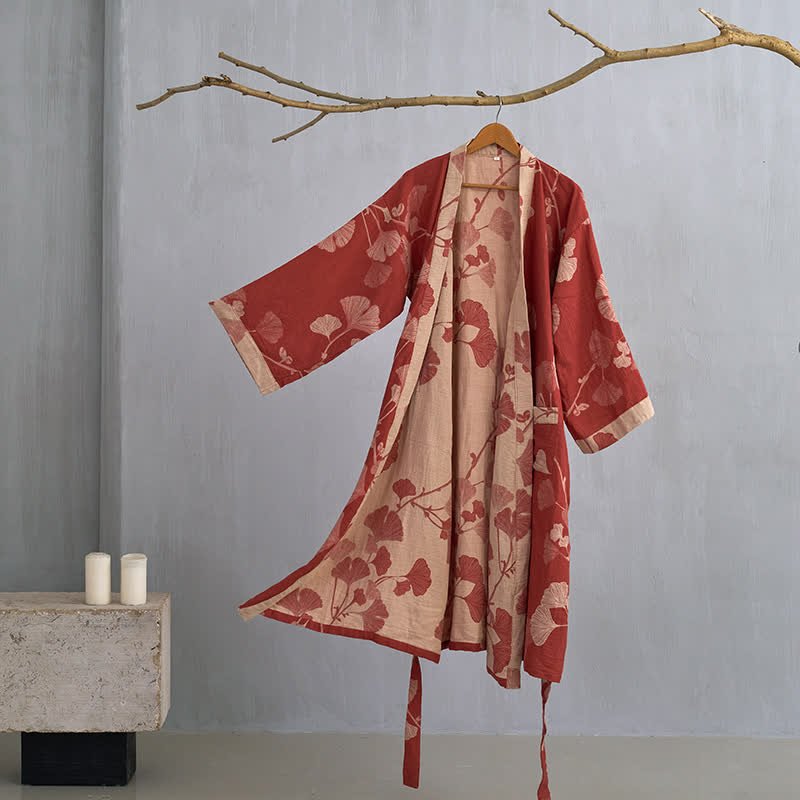 Elegant Cotton Kimono Bathrobe - Reversible Ginkgo Leaf Design for Ultimate Comfort 4
