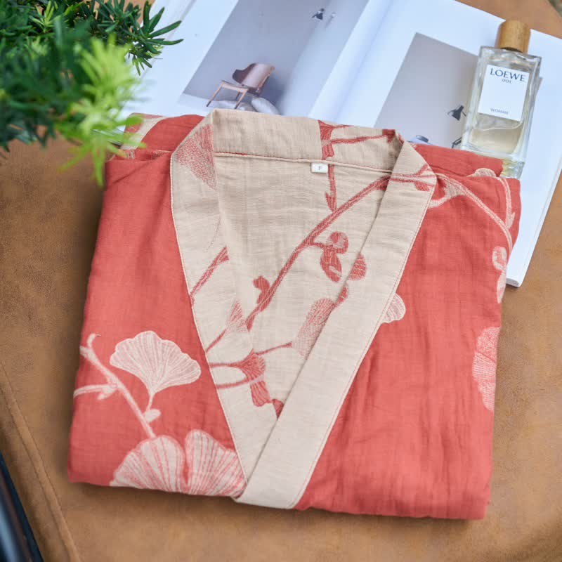 Elegant Cotton Kimono Bathrobe - Reversible Ginkgo Leaf Design for Ultimate Comfort 5