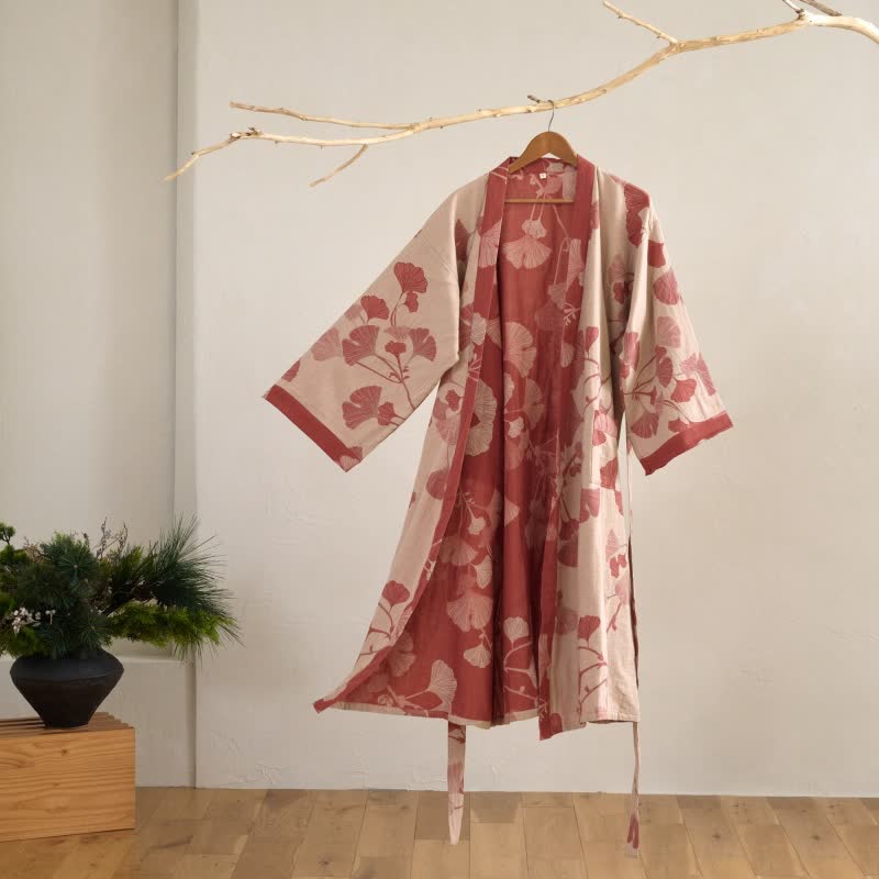 Elegant Cotton Kimono Bathrobe - Reversible Ginkgo Leaf Design for Ultimate Comfort 9