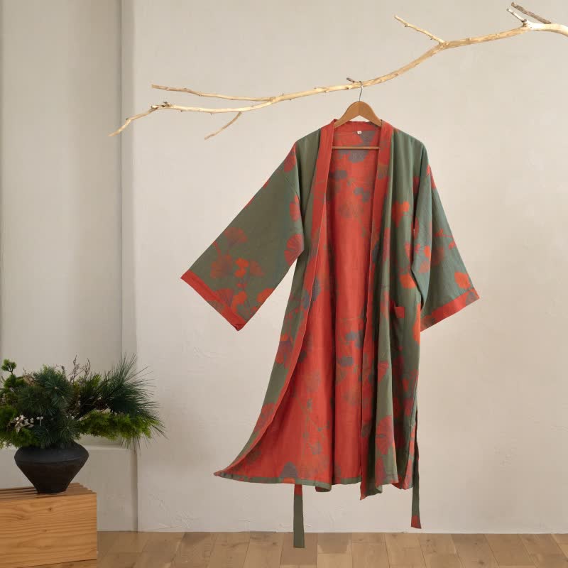 Elegant Cotton Kimono Bathrobe - Reversible Ginkgo Leaf Design for Ultimate Comfort 11