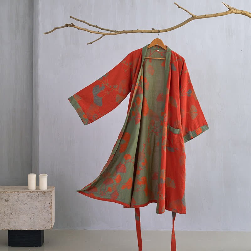 Elegant Cotton Kimono Bathrobe - Reversible Ginkgo Leaf Design for Ultimate Comfort 0