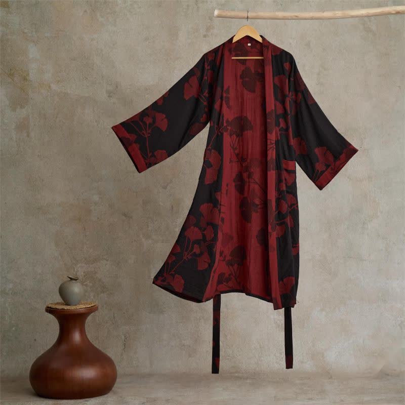 Elegant Cotton Kimono Bathrobe - Reversible Ginkgo Leaf Design for Ultimate Comfort 10