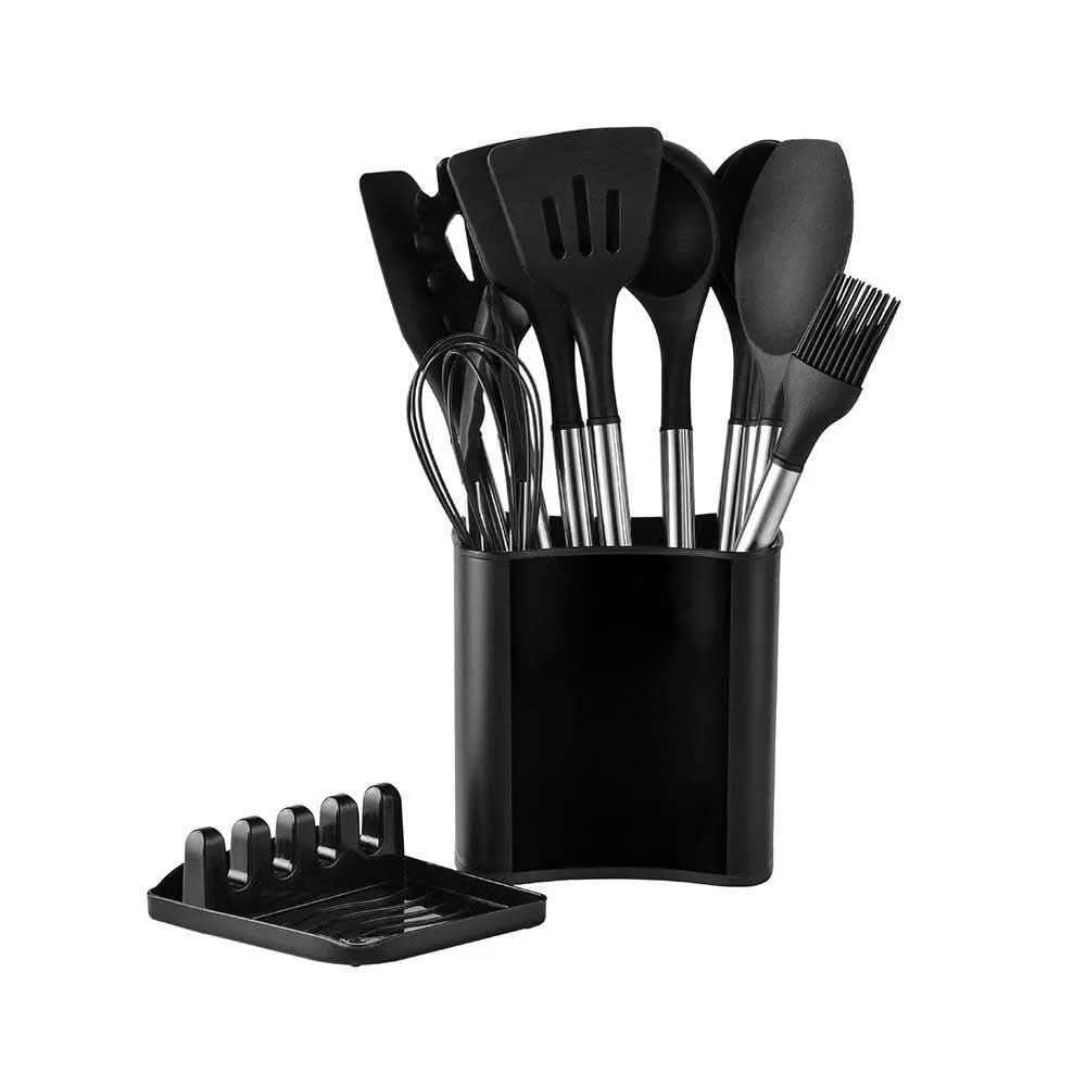 KITCHENORA – Set Completo di Utensili con Teste in Silicone e Manici in Stile Legno