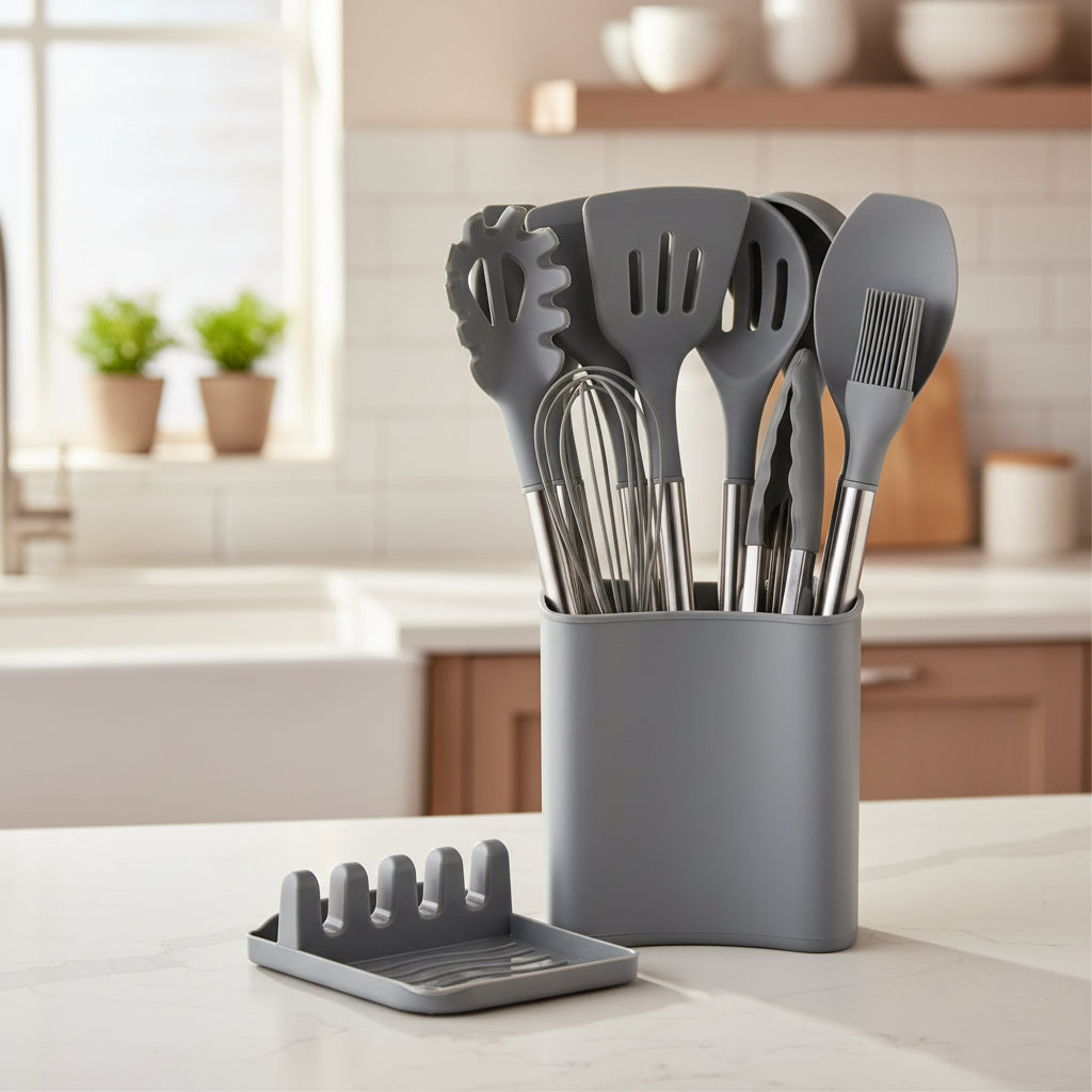 KITCHENORA – Set Completo di Utensili con Teste in Silicone e Manici in Stile Legno