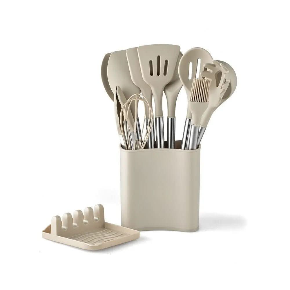 KITCHENORA – Set Completo di Utensili con Teste in Silicone e Manici in Stile Legno