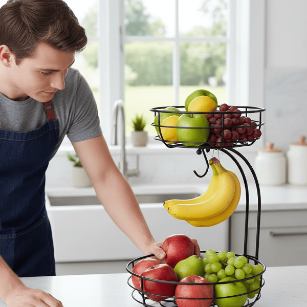 KITCHENOVA FRUIT HAVEN – 2-laags metalen fruitmand met bananenhouder