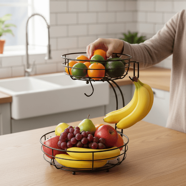 KITCHENOVA FRUIT HAVEN – 2-Tier Metal Fruit Basket with Banana Holder
