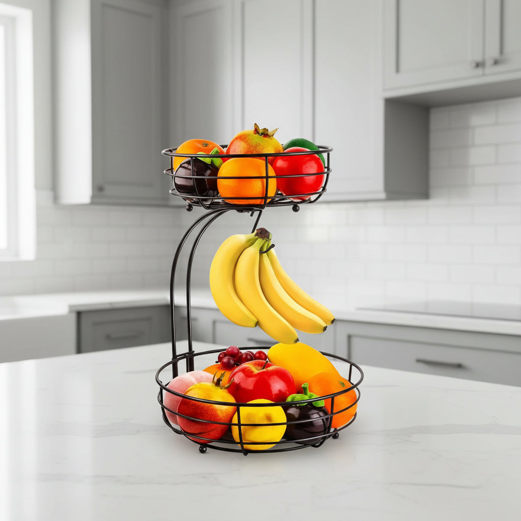 Elegant 2-Tier Oval Fruit Basket with Banana Holder - Durable Metal Kitchen Organizer 0