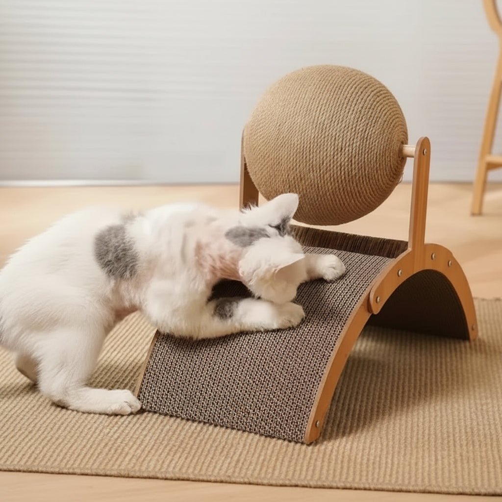 KITTYWOOD – 2-in-1 Cat Scratching Ball with Natural Sisal Board and Wooden Design