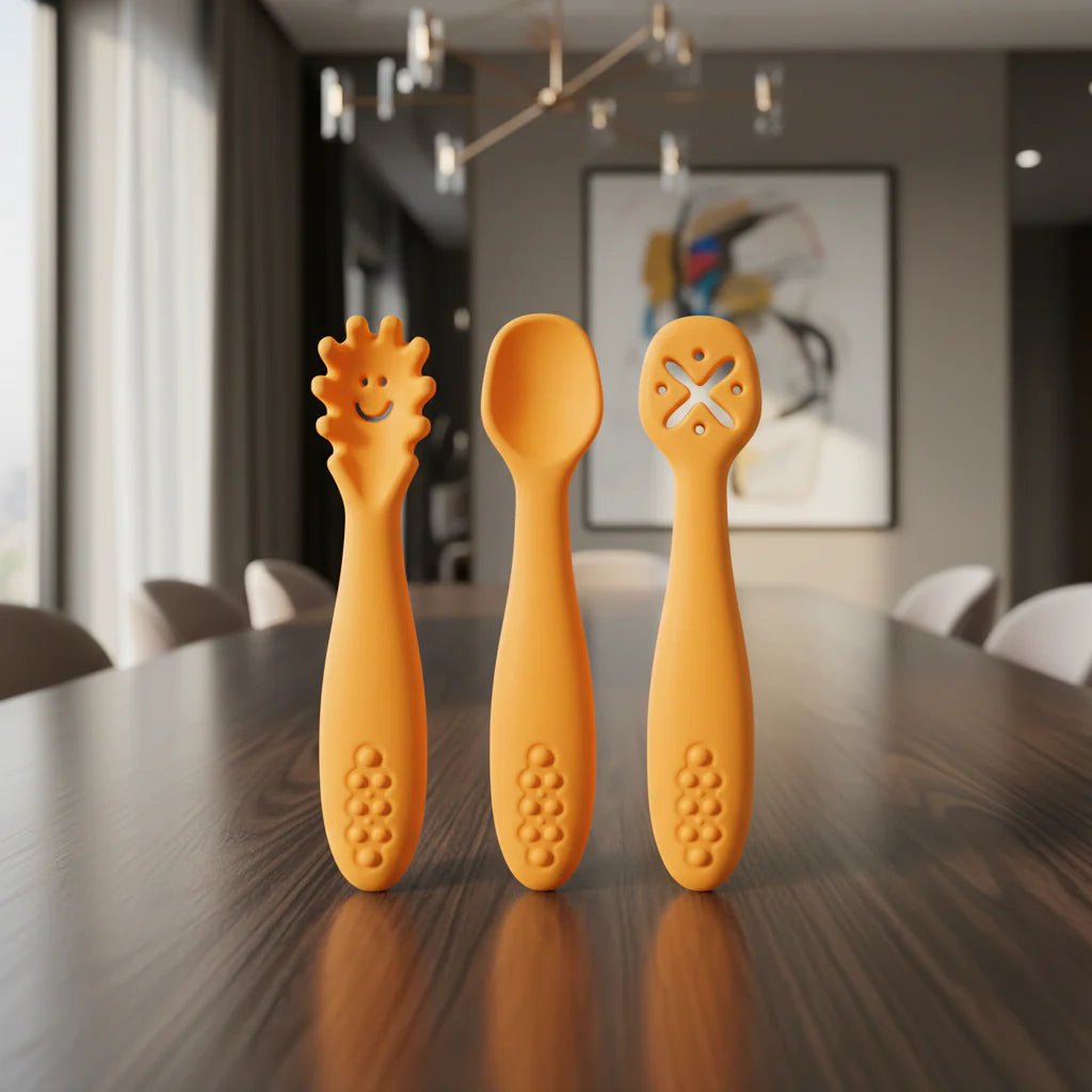 LEARN2EAT – Set di utensili in silicone per neonati e bambini piccoli (cucchiaio, forchetta e coltello)
