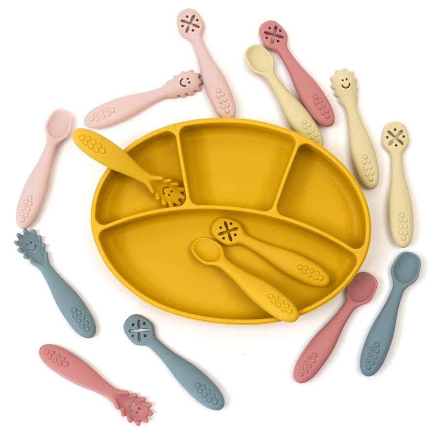 LEARN2EAT – Set di utensili in silicone per neonati e bambini piccoli (cucchiaio, forchetta e coltello)