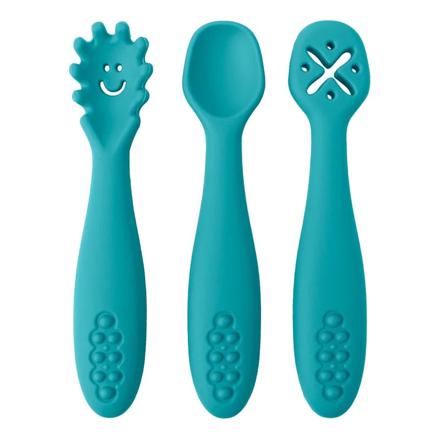 LEARN2EAT – Set di utensili in silicone per neonati e bambini piccoli (cucchiaio, forchetta e coltello)
