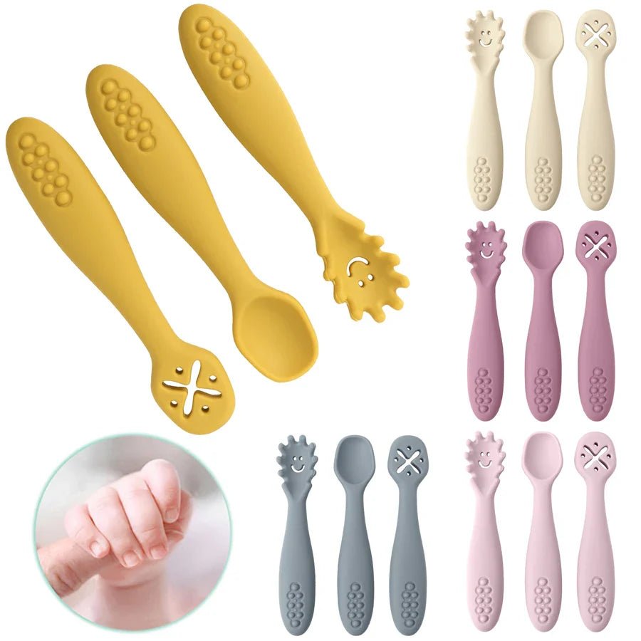 LEARN2EAT – Set di utensili in silicone per neonati e bambini piccoli (cucchiaio, forchetta e coltello)