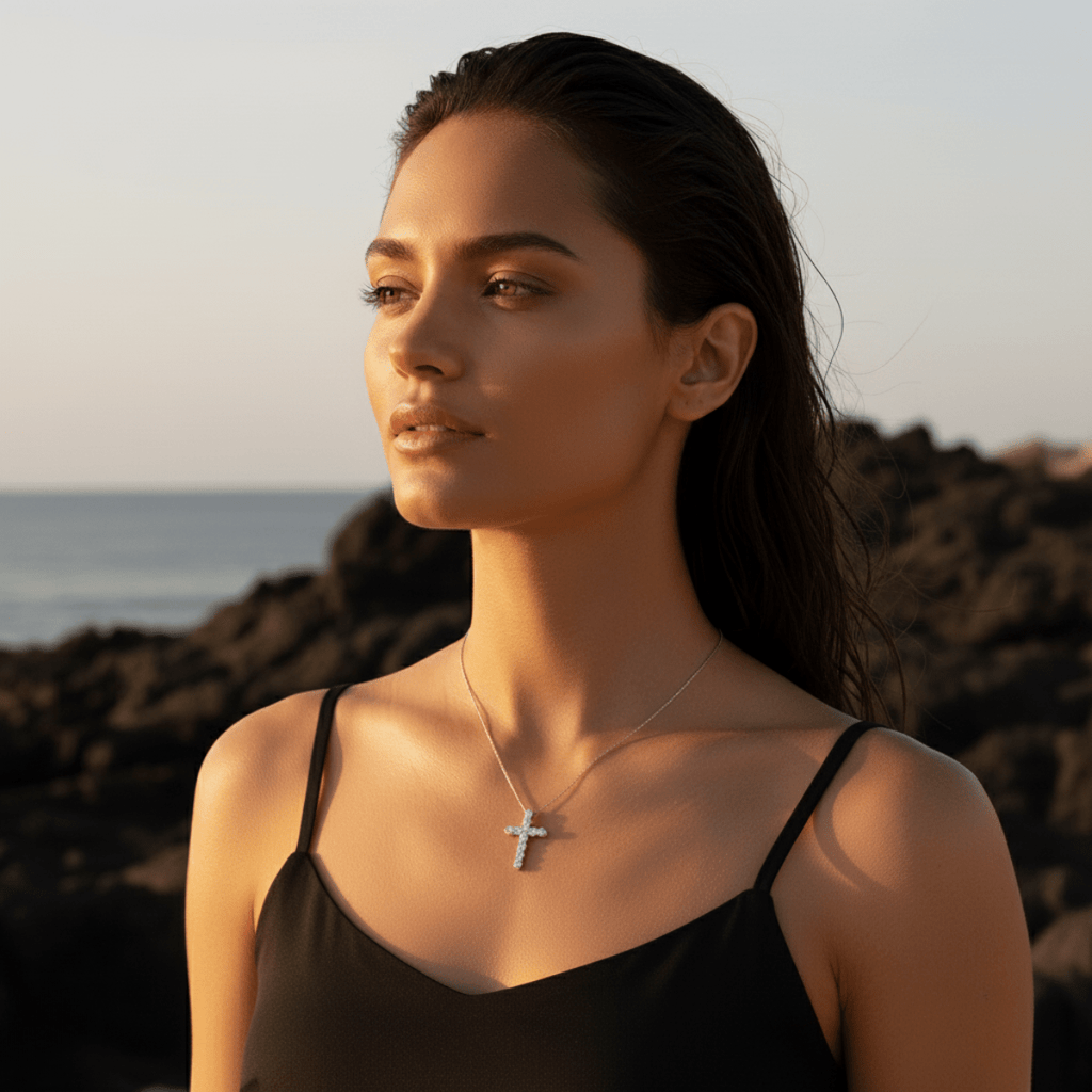 Colar com pendente de cruz em pavé prateado e dourado iluminado pelo sol