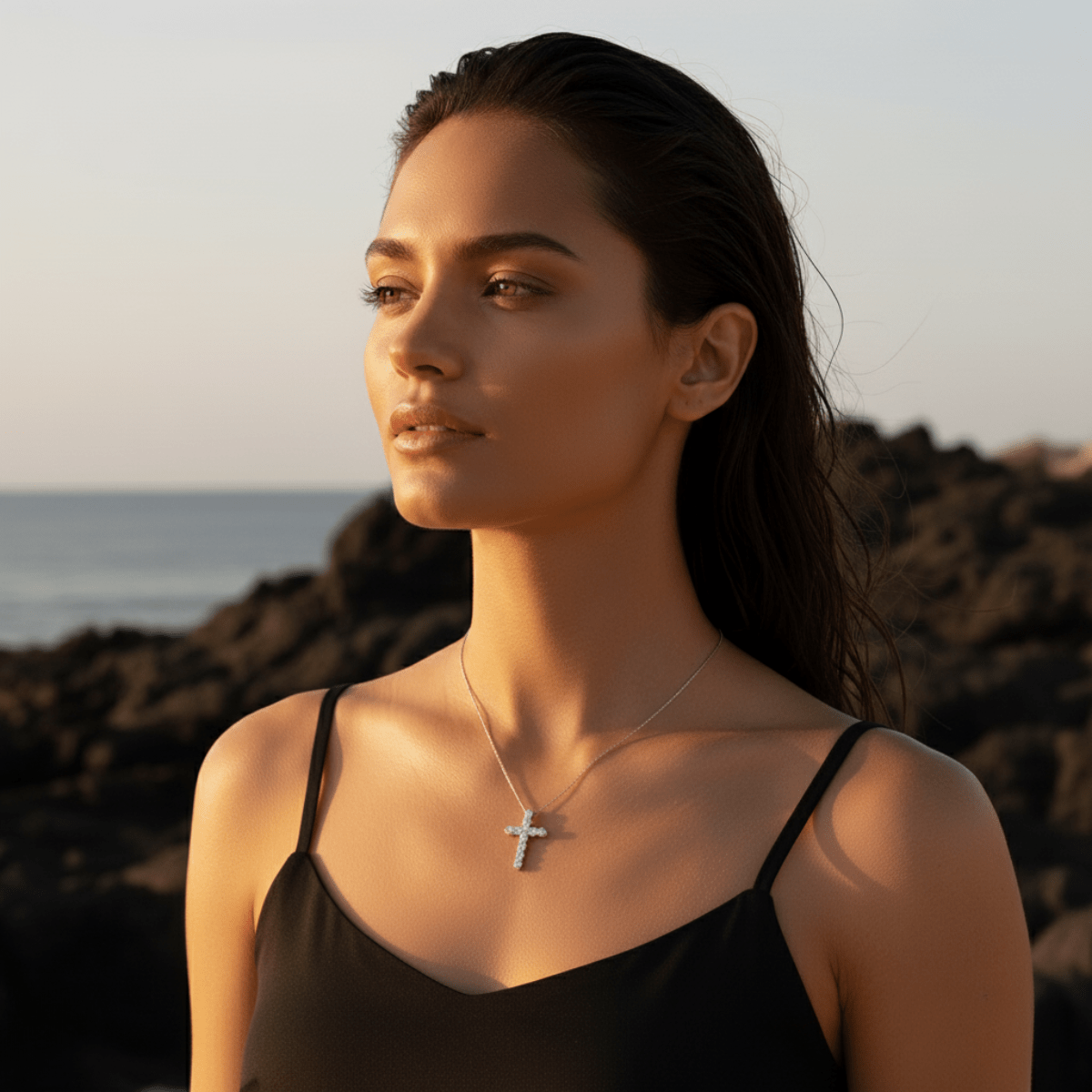 Colar com pendente de cruz em pavé prateado e dourado iluminado pelo sol