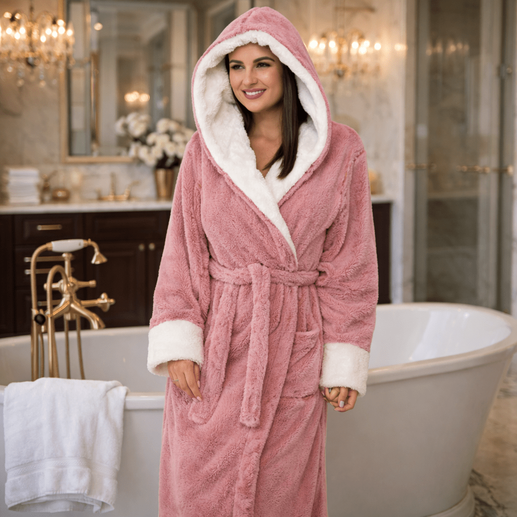 LOUNGELORE – Cozy Hooded Teddy Jacket with Belted Comfort Fit