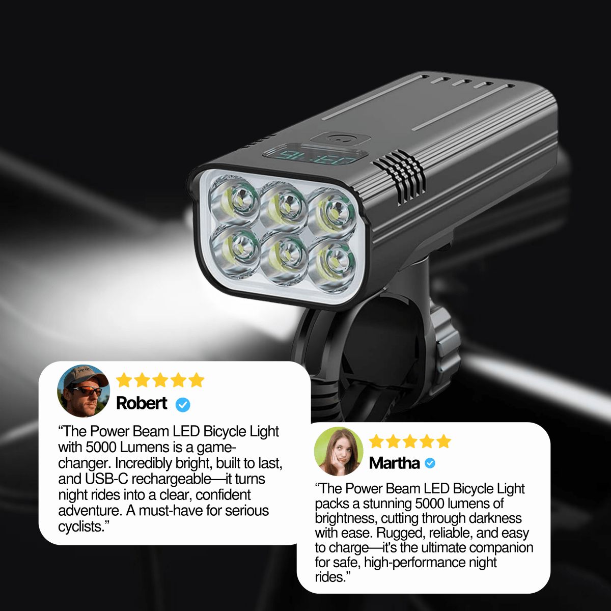 Luminoride Power Beam – 5000 lumenové svetlo na bicykel s 12 LED, USB-C nabíjateľná batéria 10000mAh a digitálny displej batérie