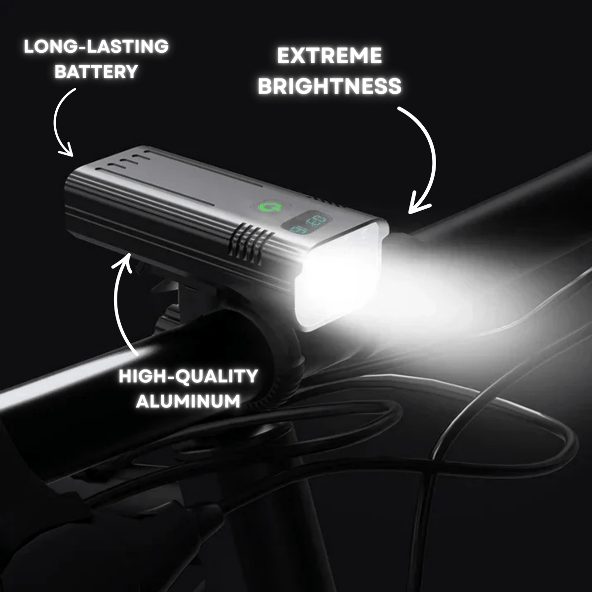 Luminoride Power Beam – 5000 lumenové svetlo na bicykel s 12 LED, USB-C nabíjateľná batéria 10000mAh a digitálny displej batérie