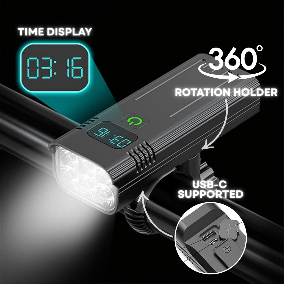 Luminoride Power Beam – 5000 lumenové svetlo na bicykel s 12 LED, USB-C nabíjateľná batéria 10000mAh a digitálny displej batérie