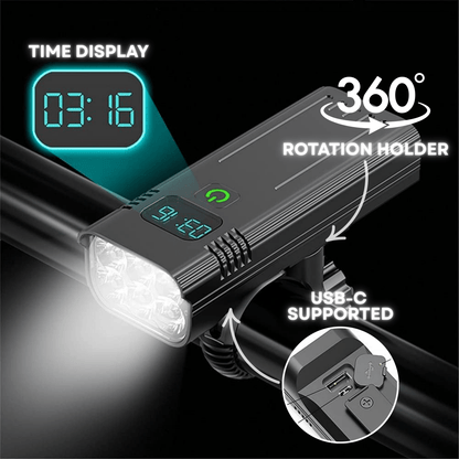 Luminoride Power Beam – 5000 lumenové svetlo na bicykel s 12 LED, USB-C nabíjateľná batéria 10000mAh a digitálny displej batérie